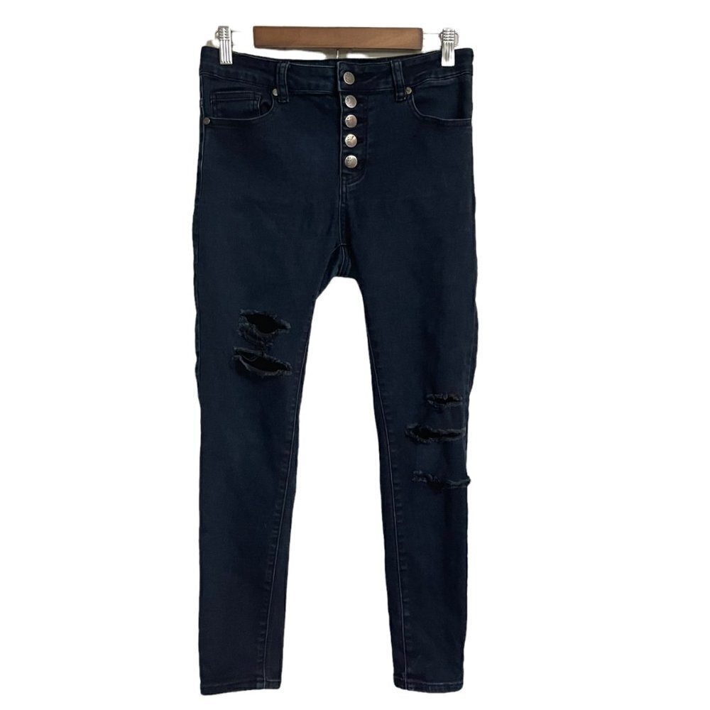 Between Us Women's Juniors Dark High Rise Button Fly Distressed Skinny Jeans 13
